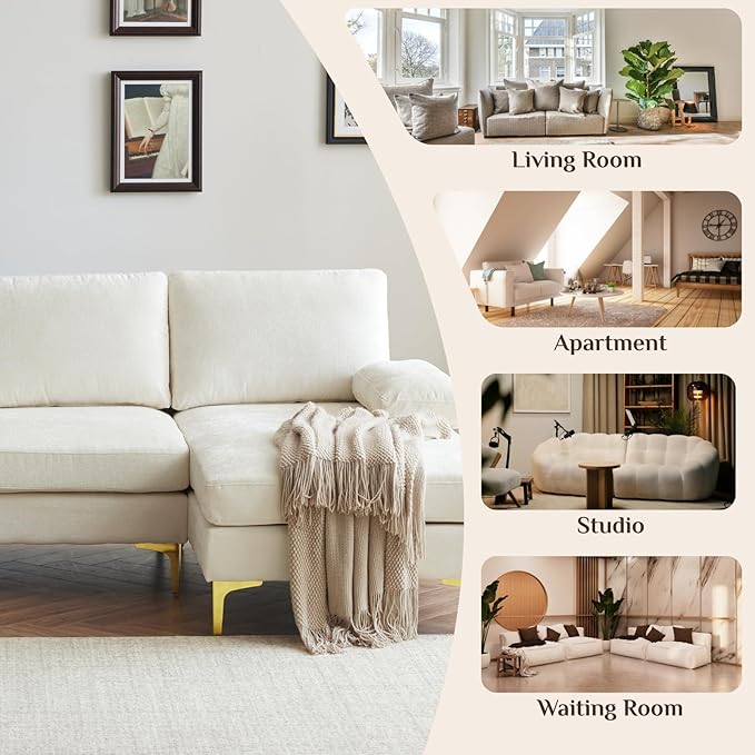 Karl home Convertible Sectional Sofa 110 U-Shape Sofa Couch 4-Seat Couch with Chaise ChenilleFabric Upholstered for Living Room Apartment Office Creamy White