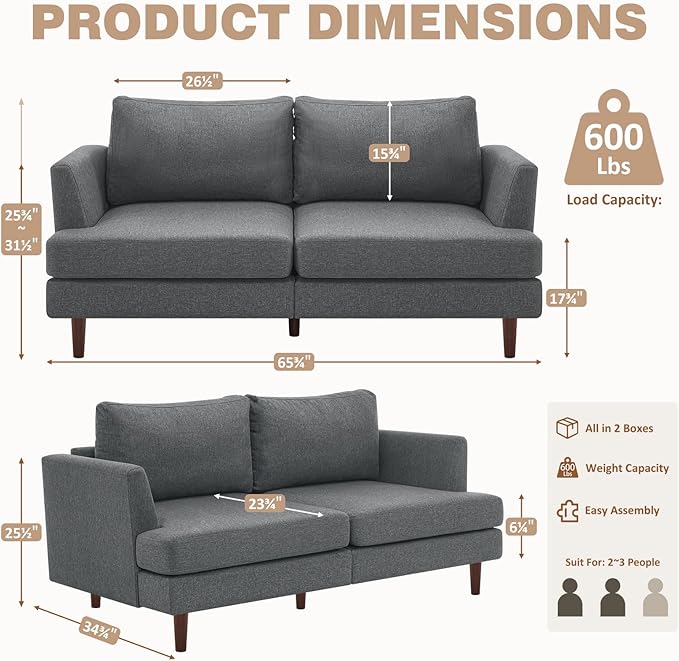 Furnimart 66 Wide Loveseat Sofa Extra Spacious Seating Deep Cloud Couch with Removable Cushions Mid-Century Modern 2-Seater for Living Room &amp Small Spaces