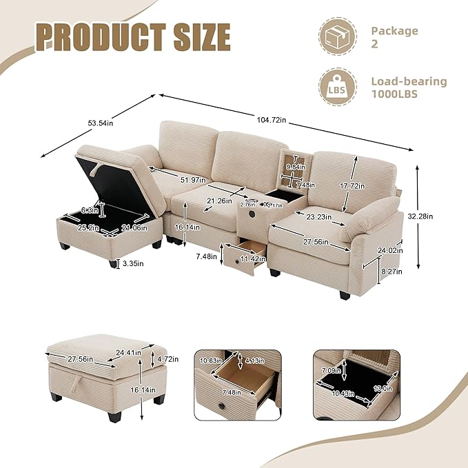 KEIKI 105 L-Shaped Oversized Corduroy Modular Sectional Sofa with 1 Ottoman and Multi Functional Console 4-Seater Upholstered Couch with USB and 2 Cup Holder Easy Assembly for Living Room Khaki