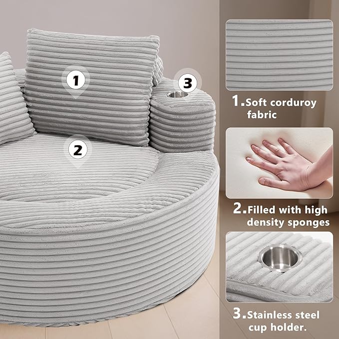 55 Oversized Round Boneless Couch Sofa Velvet Memory Foam Cloud Couches Lounge Chair Comfy Fluffy Single Sofa with 3 Pillows for Living Room Bedroom No Assembly Required (Grey.)