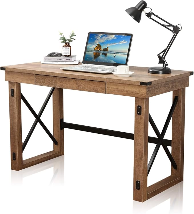 47.5 Writing Computer Desk Industrial Style Large Home Office Desk with Pull-Out Keyboard Tray and Black Metal Wooden Laptop Table for Work Study