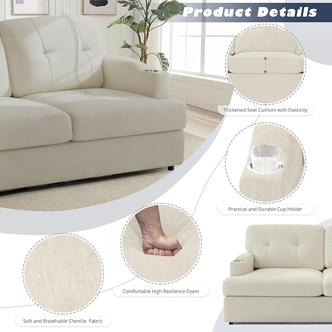 89 Chenille 3 Seats Sofa with Built-in Cup Holder Tufted Modern Couch with Thickened Seat Cushions Soft Upholstered Sofa with Deep Seating Space for Living Room Apartment Beige