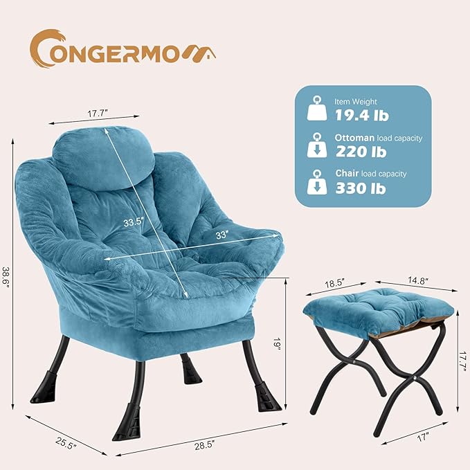Lazy Chair with Folding OttomanLeisure Sofa ChairSoft Fabric Armchair with Armrests and Side Pockets Reading Chair with Footrest for Living Room Bedroom Office (Plush Blue)