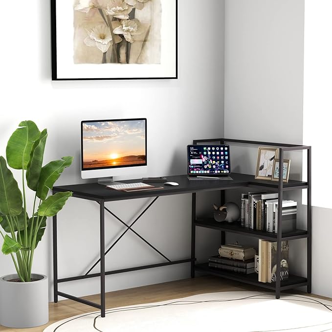 COSTWAY 59 Inch L-Shaped Computer Desk Large Reversible Corner Desk with Open Storage Shelves Space-Saving Writing Study Table PC Laptop Gaming Desk for Home Office (Black)