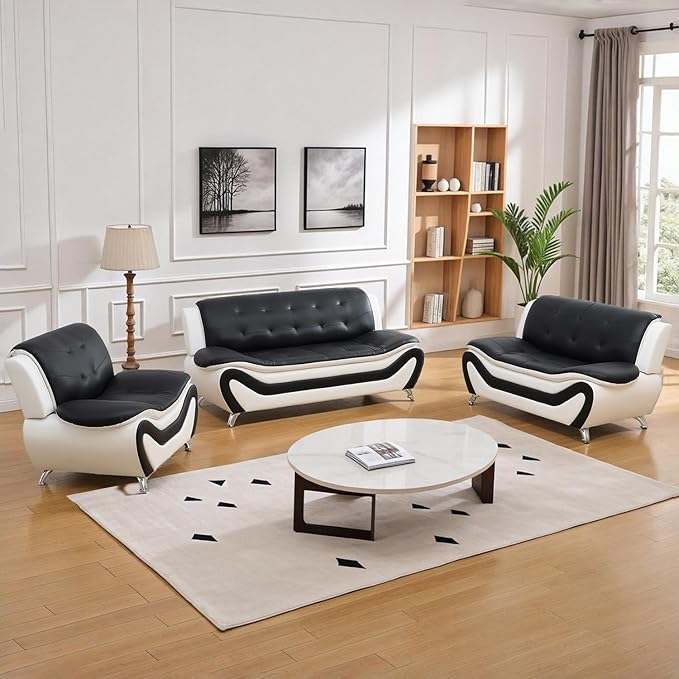 Modern Sofa Set Black Faux Leather 3 Seater Sofa 2 Seater Loveseat Single Chair Button Tufted Seat Cushion Sectional Couches Living Room Furniture Sets 3 Pieces