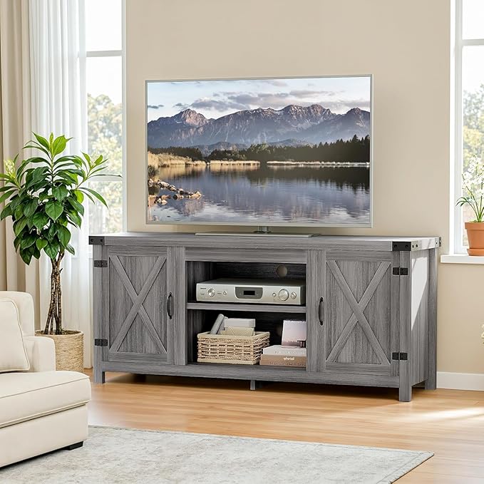 YESHOMY Modern Farmhouse TV Stand with Two Barn Doors and Storage Cabinets for Televisions up to 65+ InchEntertainment Center Console TableMedia Furniture for Living RoomRustic Gray