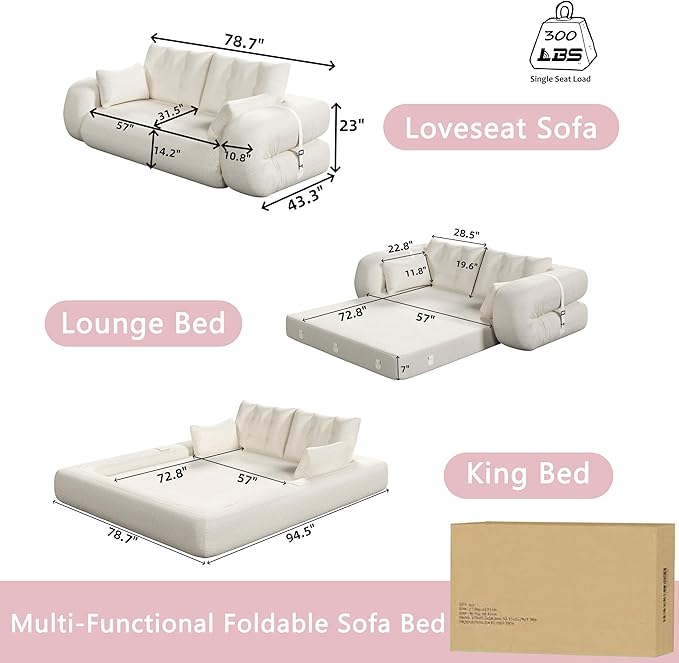 78.7 King Foldable Sofa Bed Lazy Sofa Couch 3-in-1 Multi-Functional Sleeper Sofa Bed Teddy Futon Sofa Floor Loveseat Sofa Human Dog Bed Bean Bag Lounge Recliner for Living Room Pink