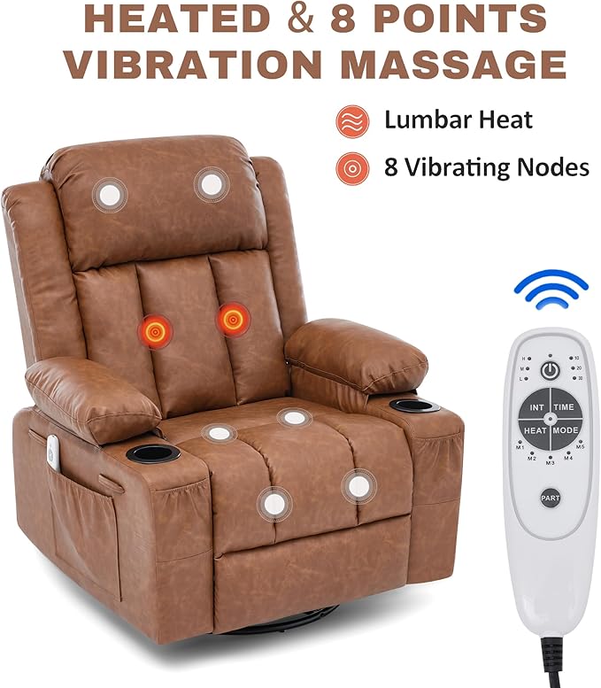 Rocker Recliner Chair with Heat and Massage360°Swivel Recliner Chair for Adults ElderlyOversized Recliner Single Sofa Seat with 2 Cup Holders and Side Pocket (Brown)