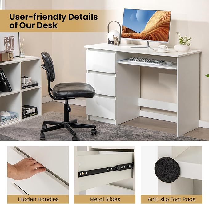 Tangkula White Desk with 3 Storage Drawers &amp Built-in Charging Station Home Office Desk with Keyboard Tray PC Desk Study Writing Table Vanity Table for Bedroom Computer Workstation (White)