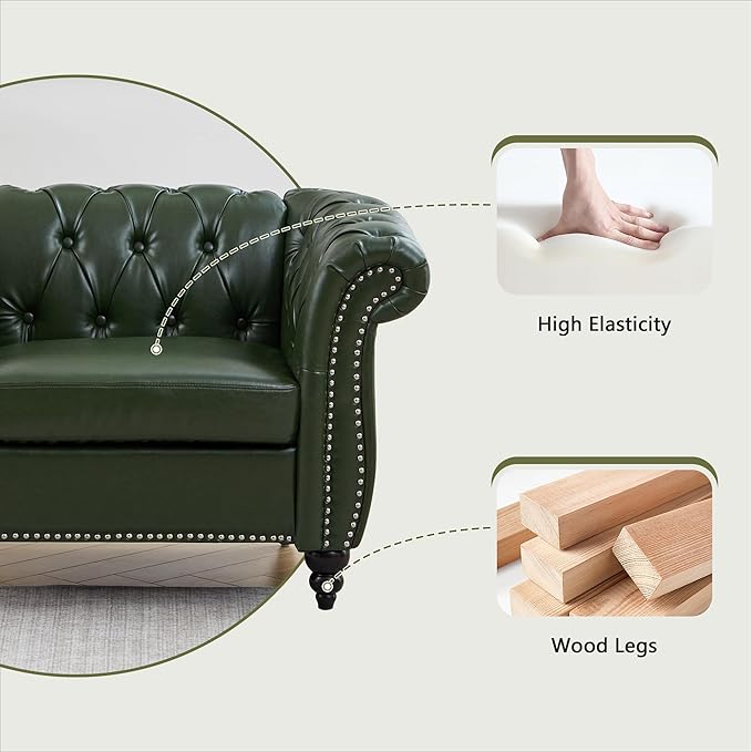 ORRD Chesterfield Sofa Leather Modern Faux PU Tufted Couch 3 Seater with Rolled Arms and Nailhead for Living Room Bedroom Office Apartment (Green)