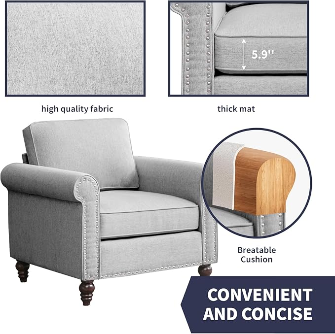 2 Piece Living Room Sofa Set 3 Seat Sofa and Armchair Sets Modular Sectional Couch Furniture Sets Gourd Shapes Wood Legs Sofas Couches for Living Room/Bedroom/Home/Apartment - Light Grey