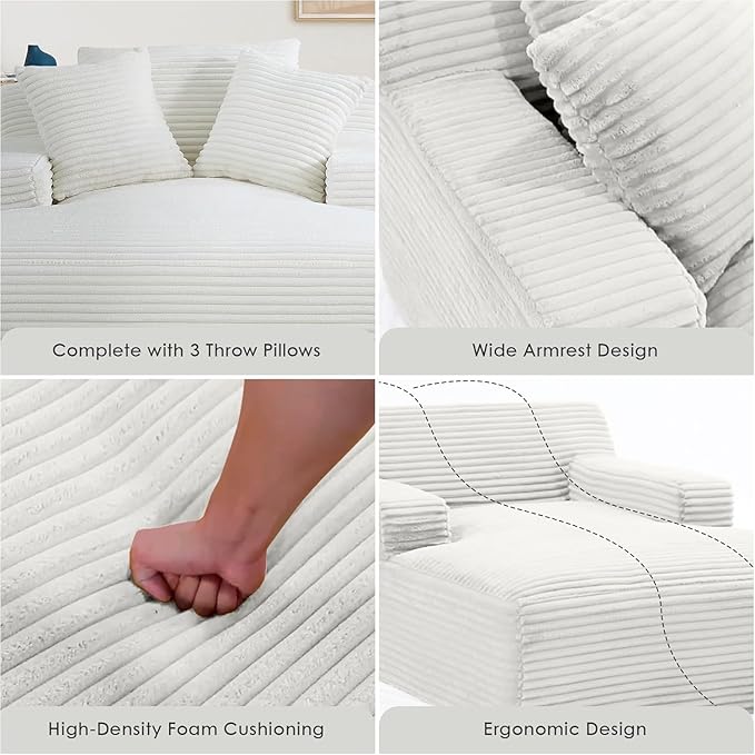 Container Furniture Chamden Oversized Chaise Lounge Chair Modern Corduroy Sofa Bed with Full Foam Cushioning Cozy Convertible Sleeper for Living Room or Bedroom Ivory