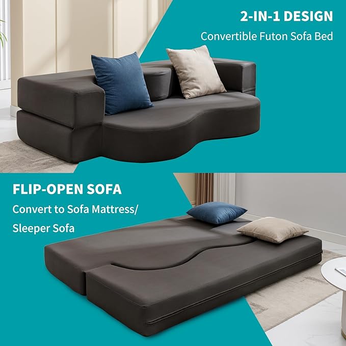 BALUS Futon Sofa Bed Faux Leather Convertible Floor Sofa Bed with Memory Foam Foldable Folding Couch Beds for Living Room Guest Room Apartment Full Size Dark Gray