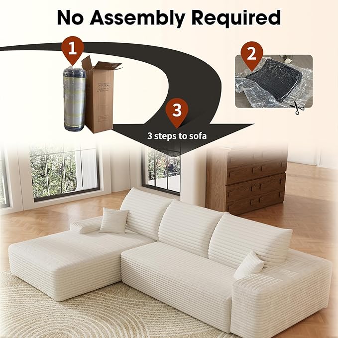 108 L-Shaped Sectional Corduroy Boneless Couch with Chaise Modern Modular Couches for Living Room Apartments Upholstered Cloud Sofa with Deep Seat No Assembly Required (White Left Facing Chaise)