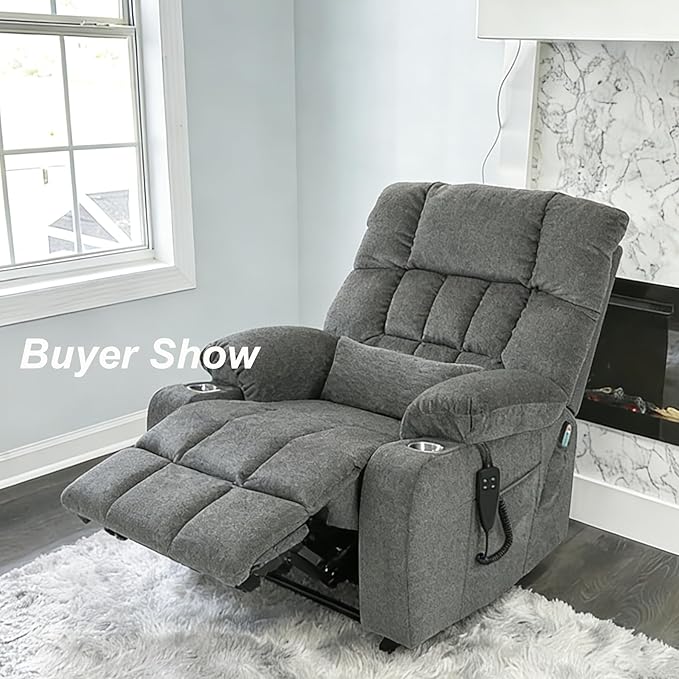 Oversized Power Lift Recliner Chair for Adult Elderly Dual Motor Lay Flat Electric Recliner with Massage &amp Heat 25.5 Wide Seat Big Tall Recliners for Living Room Bedroom Grey