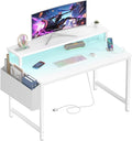 Lufeiya Small White Desk with LED Lights and Power Outlets 32 Inch Home Office Computer Desks with Monitor Stand Teen Writing Study Table Gaming Desk with Charging Station White