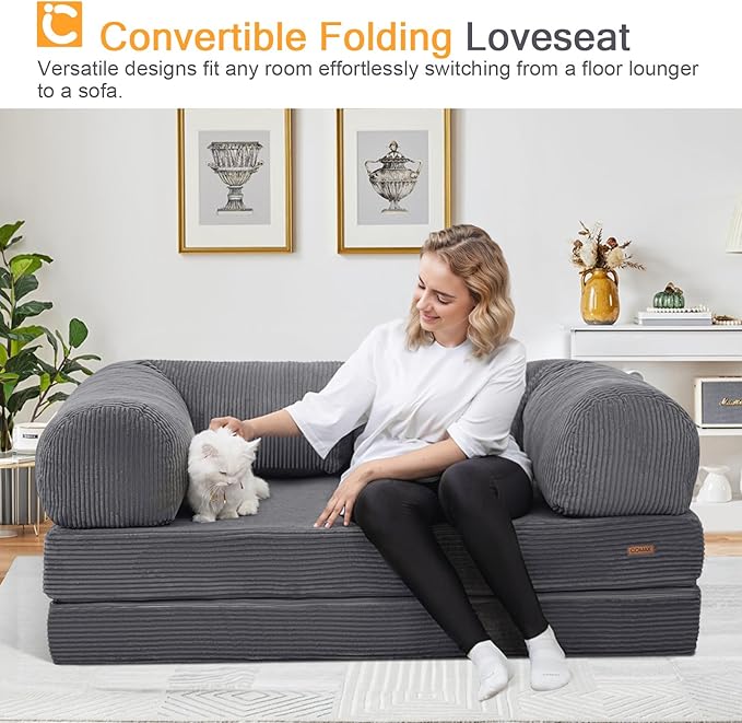 COMAX Futon Sofa Bed 4-in-1 Floor Foldable Sofa Couch Bed Queen with L-Shaped Armrests Convertible Folding Chair Bed Sleeper Mattress Fold Out Comfy Lounge for Living Room Bedroom Grey