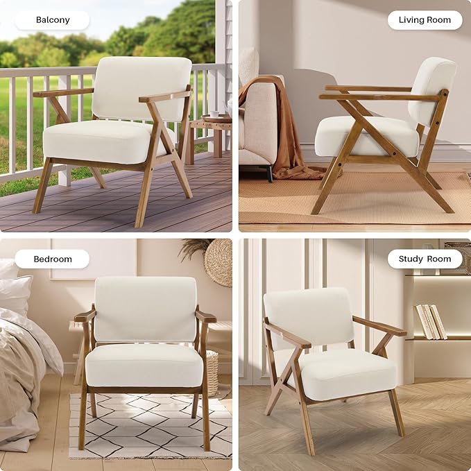Mid-Century Modern Chair Upholstered Lounge Arm Chair with Solid Wood Frame Thicker Cushion for Living Room Reading Balcony Beige Linen