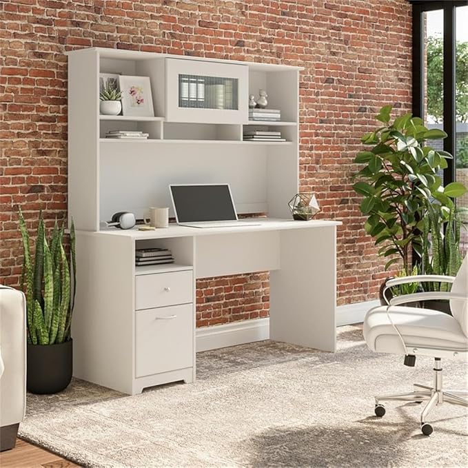 Pemberly Row 60W Computer Desk with Hutch Engineered Wood White Finish Built-in Wire Management File Drawer Open and Closed Shelving Home Office Desk for Workspace Organization