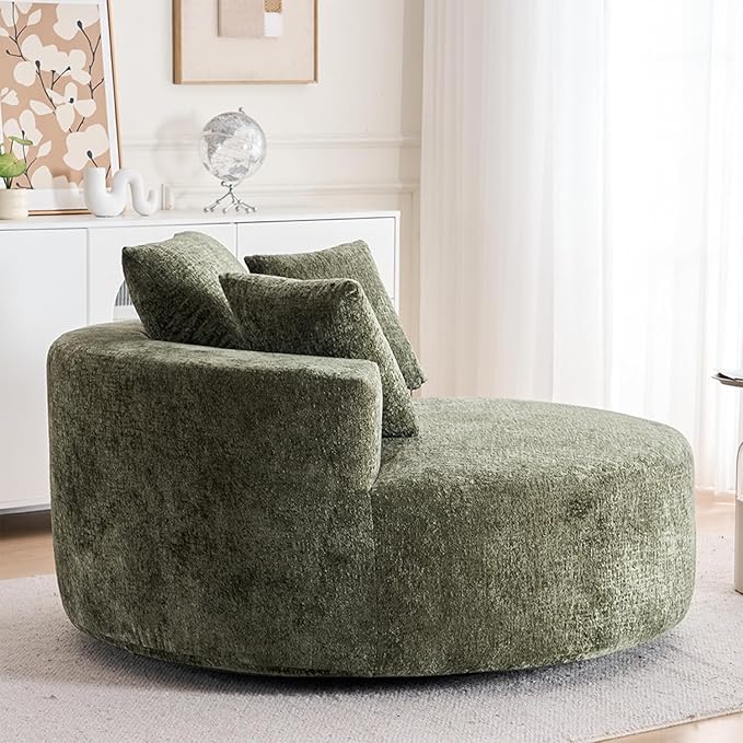 54.5 Green Oversized Swivel Barrel Chair - Chenille Comfy Modern Sofa Chair Fluffy Upholstered Round Accent Chair Cloud Lounge Armchair with 3 Pillows for Living Room Apartment