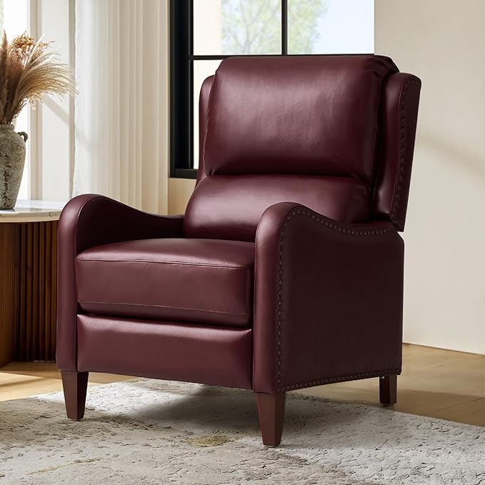 HULALA HOME Genuine Leather Recliner Chair Modern Push Back Recliner Armchair with Thick Seat Backrest &amp Footrest Nailhead Decor for Living Room Bedroom Burgundy