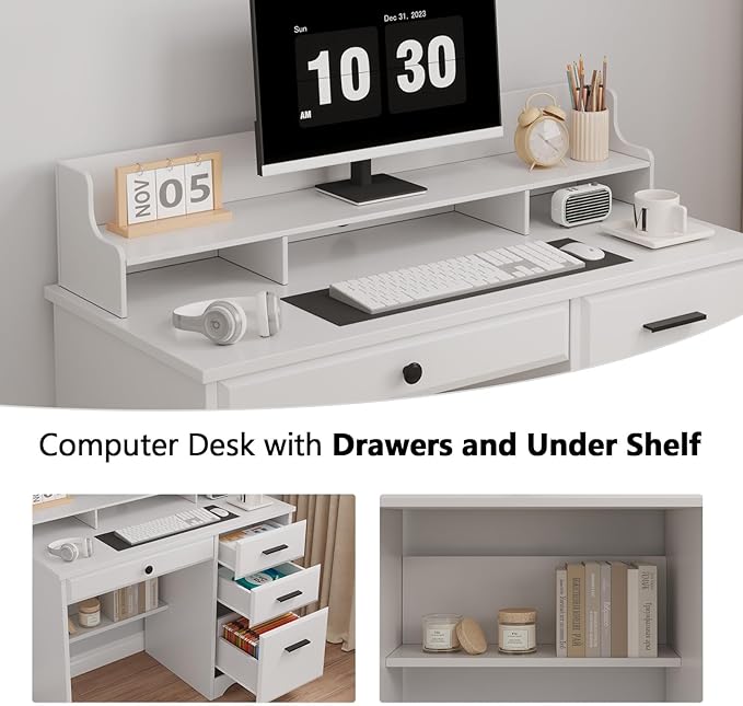 4 EVER WINNER White Desk with Drawers Small Desk with File Drawer for Small Spaces Writing Desk with Monitor Stand Wood Table for Study Home Office White