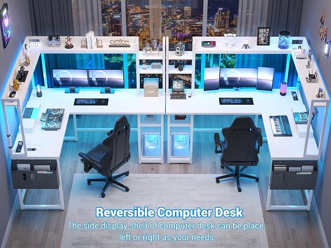 Aheaplus L Shaped Desk with Power Outlet L Shaped Gaming Desk with Led Light &amp Hutch Reversible Home Office Desk Corner Computer Desk Writing Desk with Monitor Stand &amp Storage Shelves Whit