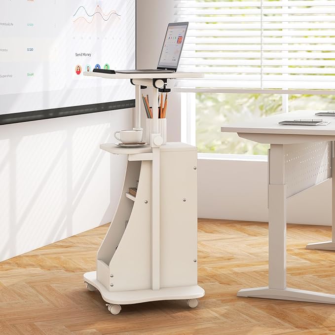 POWERSTONE 2PCS Sit to Stand Mobile Lectern Teacher Podium Portable Height Adjustable Podium Stand Rolling Laptop Desk Cart with Storage Shelf Swivel Top for Classroom Concert Church White