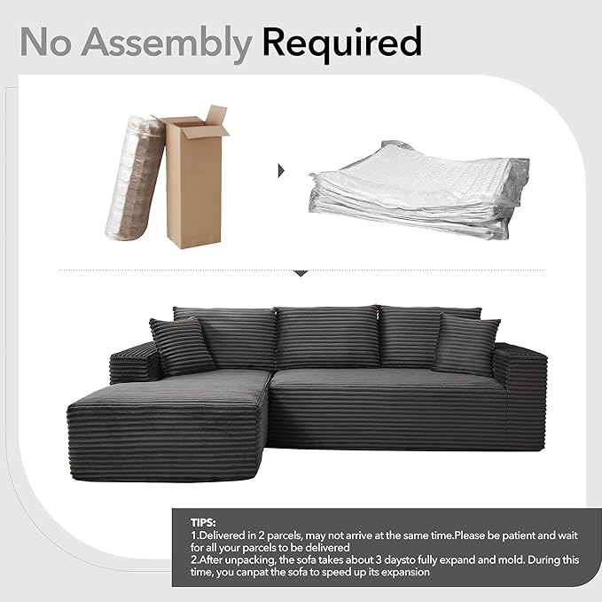108'' Modular Sectional SofaComfy Cloud Couch with L Shaped ChaiseModern Deep Seat Boneless Couch for Living Room3 SeaterNo Assembly Required (Left-Facing ChaiseDark Gray)