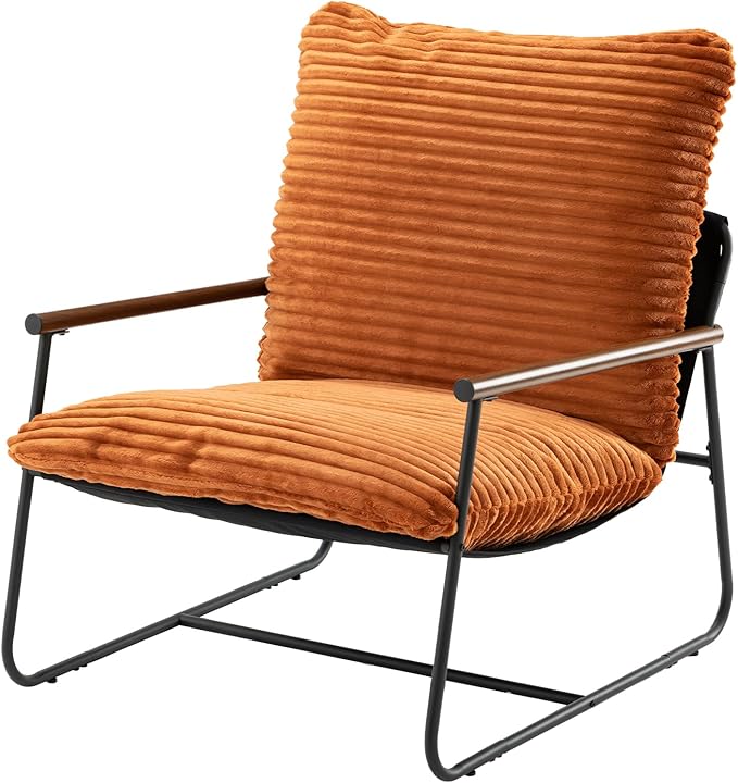 COSIEST Accent Chair for Living Room Modern Armchair with Wood Arms Retro Ribbed Upholstered Lounge Chair with Black Metal Frame Comfy Reading Chair for Bedroom Office Brown