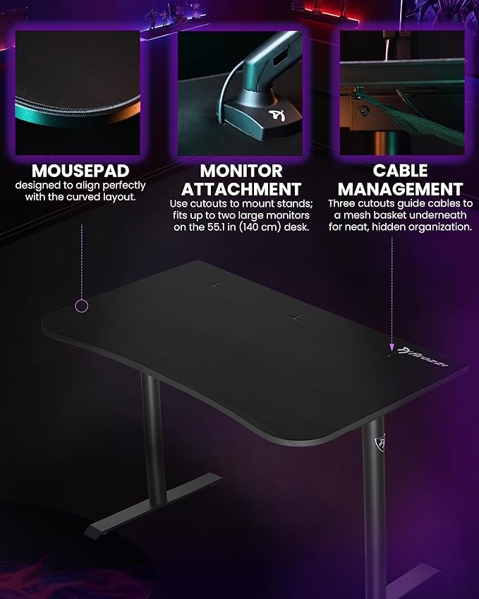 Arozzi Arena Small Pure Black Gamer Desk - 45x28” Steel Frame PC Gaming Desk with Storage for Cables &amp Dual-Monitor Support - Full-Surface Washable Mousepad - Pure Black