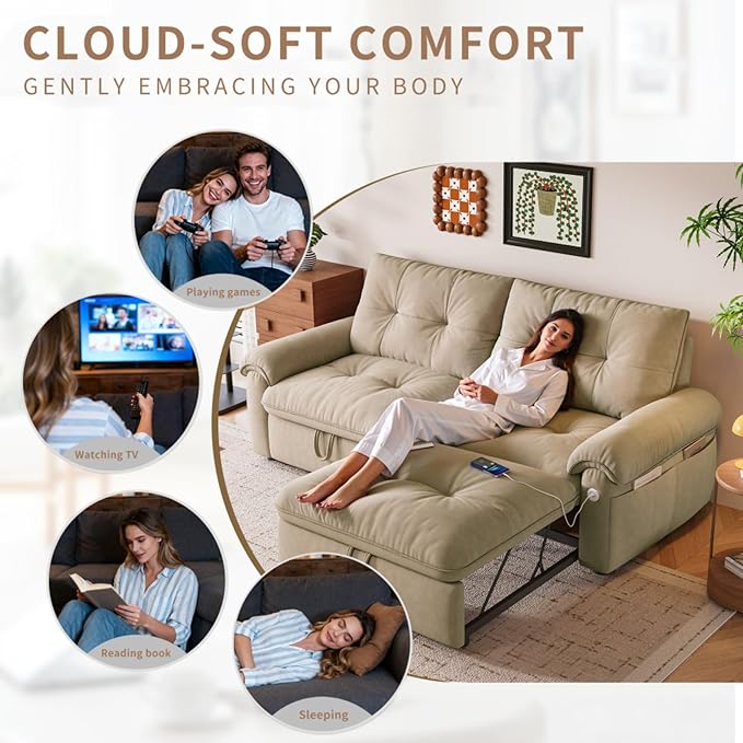 77.2'' Multifunctional Loveseat Sleeper Sofa Couch with Pull-Out Bed 3-in-1 Modern Velvet Convertible Sofa Bed with USB and Side Pockets Easy Assembly Living Room Apartment Brown