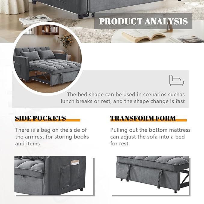 54 Convertible Sofa Bed Velvet Sleeper Sofa with Pull-Out Bed 3-in-1 Futon Couch with Reclining Backrest and Side Pocket Modern Loveseat for Living Room (Medium Grey)