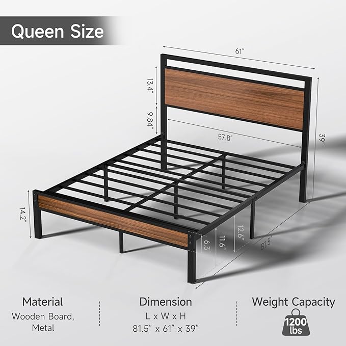 Easy Assembly Queen Bed Frame with Modern Wood Headboard &amp Footboard Upgraded Heavy Duty Metal Sturdy Bed Frame Queen Size Stable Platform Bed Furniture Bed Storage No Noise No Box Springs Wa