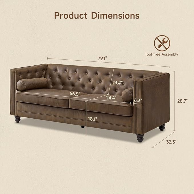 ONBRILL 79'' Faux Leather Couch for Living Room Comfy Chesterfield Button-Tufted Sofa with 2 Bolster Pillows and Wood Legs Mid-Century Modern Deep Seat Couch for Apartment Office Brown