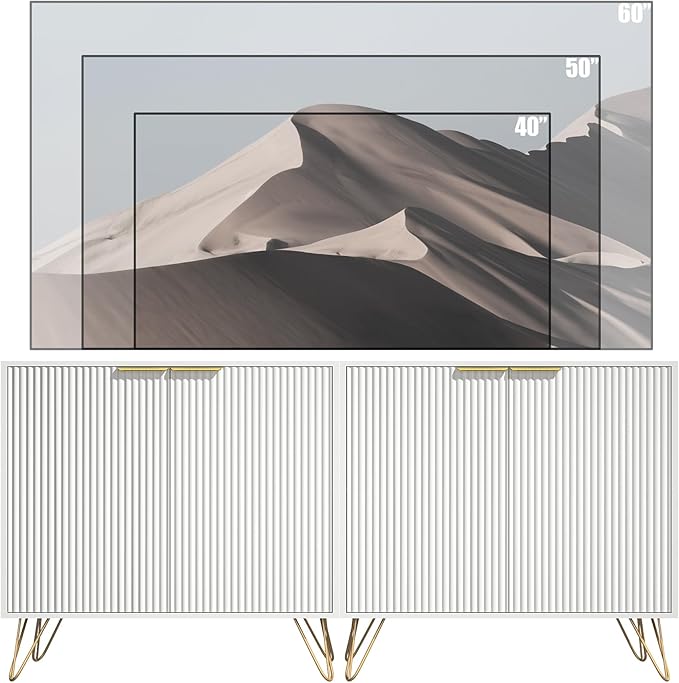 Fluted TV Stand for 60 Inch TV Modern TV Stand White Entertainment Center w/ 2 Storage Cabinets Adjustable Shelves &amp Gold Handles Wood Media Cabinet for Living Room White
