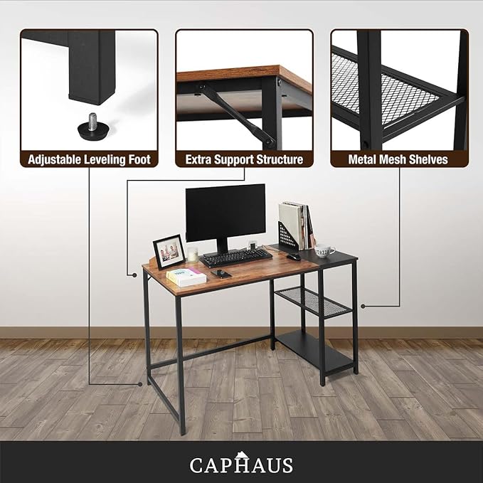 CAPHAUS 47 Inch Computer Desk with 2-Tier Storage Shelves for Home Office &amp Gaming Small Spaces Desk for Bedroom/Office/Dorm Easy Assemble P2 Board &amp Steel Legs Rustic Oak &amp Black (220
