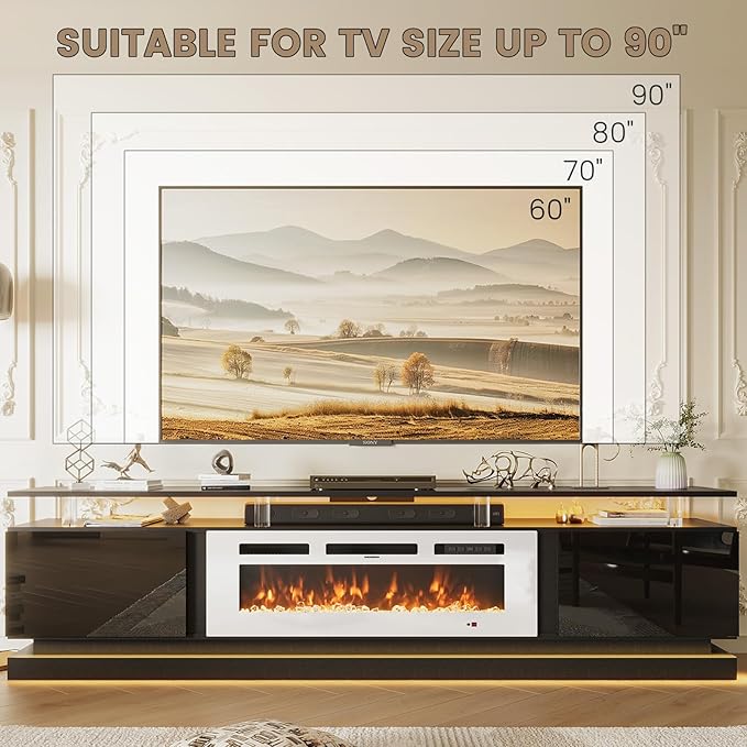 80 Fireplace TV Stand Modern Entertainment Center for TVs Up to 90 TV Console with Storage Cabinets Media Console for Living Room Black TV Stand and White Fireplace