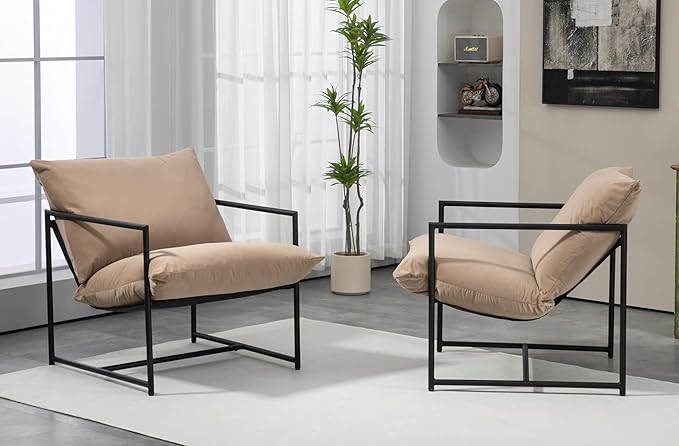 Serenity Accent Modern Velvet Arm Chair with Reclined Seat Sleek Design Durable Metal Frame Soft Upholstery and Plush Comfort for Stylish Living Room Camel