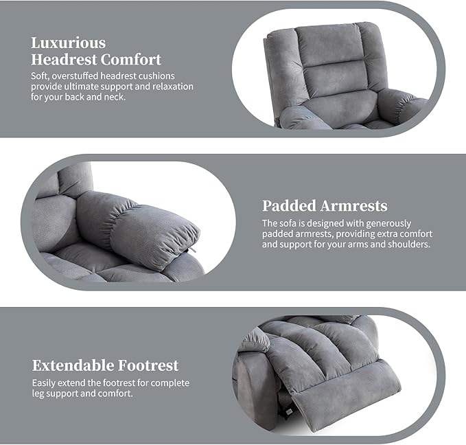 Massage Recliner Chair with Heat and Massage Ergonomic Overstuffed Breathable Fabric Reclining Chairs Single Sofa Chair with Side Pockets for Living Room Home Theater (L-Gray)
