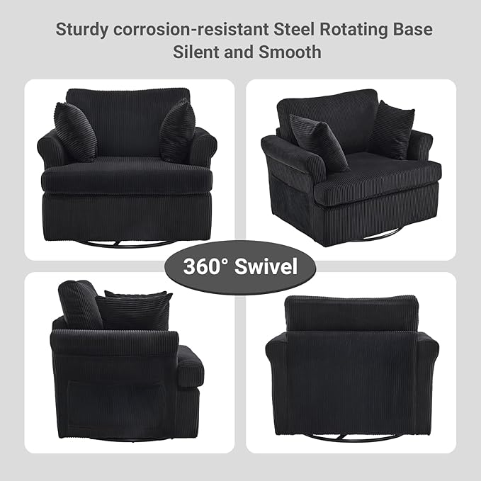 Karl home 39 Swivel Accent ChairOversized Seat Armchair W/2 Pillows and 4 PocketsModern Upholstered Corduroy Barrel ChairsComfy Single Sofa for Living RoomReadingBedroom and Office -Black