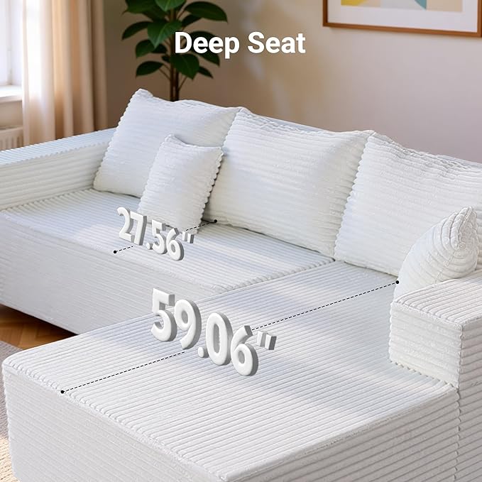 Claiks 95 Boneless Couch Cloud Couch Sectional L-Shape Corduroy Modular Sectional Sofa Deep Seat Upholstered Couches for Living Room No Assembly Required Light Gray Right Facing Chaise