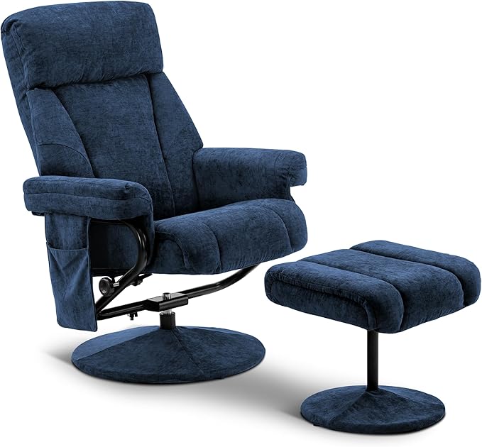 MCombo Swivel Recliner with Ottoman TV Chair with Vibration Massage Ideal for RV Small Space Living Room &amp Bedroom 4828 (Textile Blue)