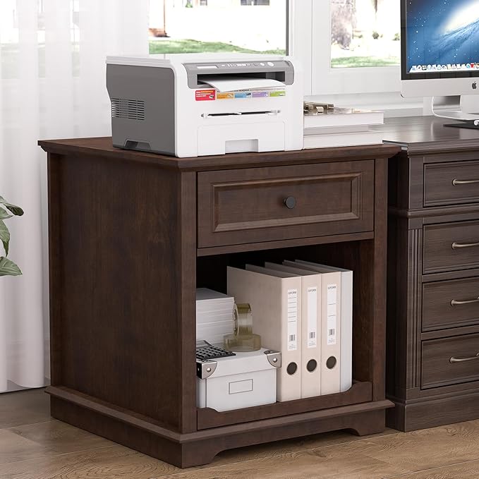 Lateral File Cabinet 3 Drawer File Cabinet with Charging Station Wood Lateral Filing Cabinet Printer Stand with Open Adjustable Storage Shelves for Home Office Cherry