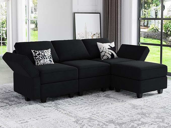 Belffin Modern L Shaped Velvet Sectional Sofa with Chaise Black Storage Adjustable Arm/Backrest