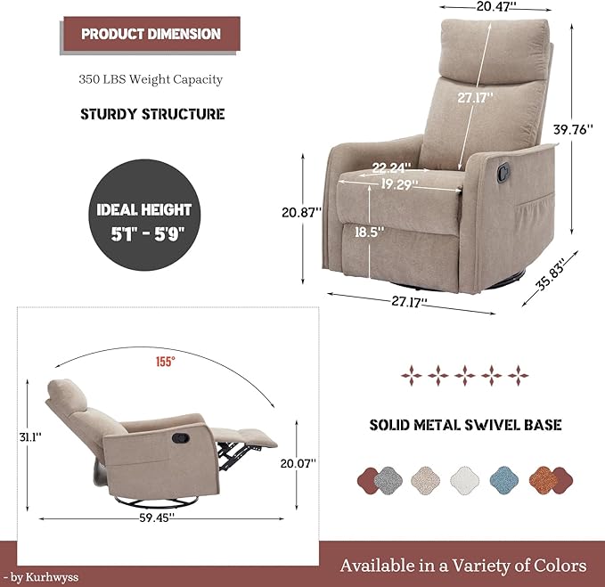 Rocking Recliner Chair with Heat and Massage 360° Swivel Glider Rocker with Reclining Backrest and Footrest Modern Nursery Rocking Chairs for Adults for Bedroom Living Room Office (Khaki)