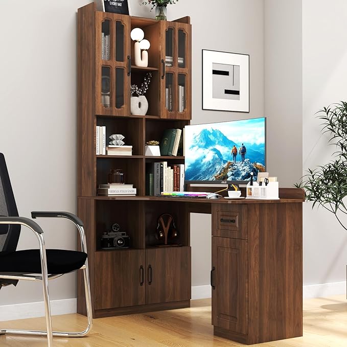 KEIKI Home Office Desks with Hutch Drawers Bookshelf Storage Cabinet &amp Glass Doors Modern Wooden Computer Corner Table for Work Study Writing