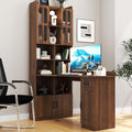 KEIKI Home Office Desks with Hutch Drawers Bookshelf Storage Cabinet &amp Glass Doors Modern Wooden Computer Corner Table for Work Study Writing