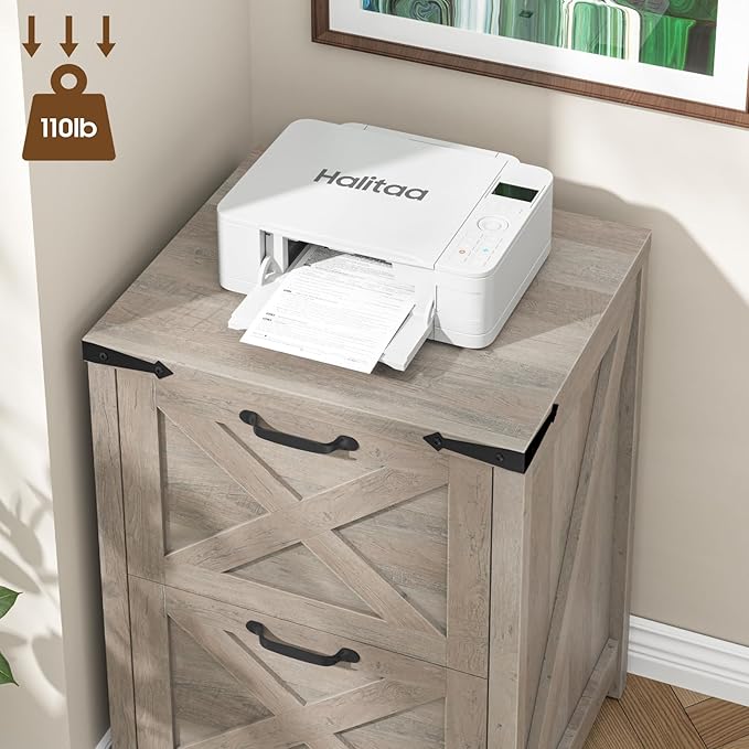 2 Drawer Small File Cabinet Farmhouse Vertical Filing Cabinet Fits Letter and A4 Size Under Desk Wooden File Cabinets for Home Office Printer Stand Grey