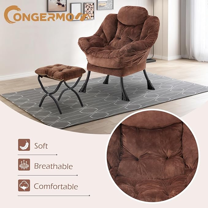 Lazy Chair with Folding OttomanLeisure Sofa ChairSoft Fabric Armchair with Armrests and Side Pockets Reading Chair with Footrest for Living Room Bedroom Office (Plush Dark Brown)